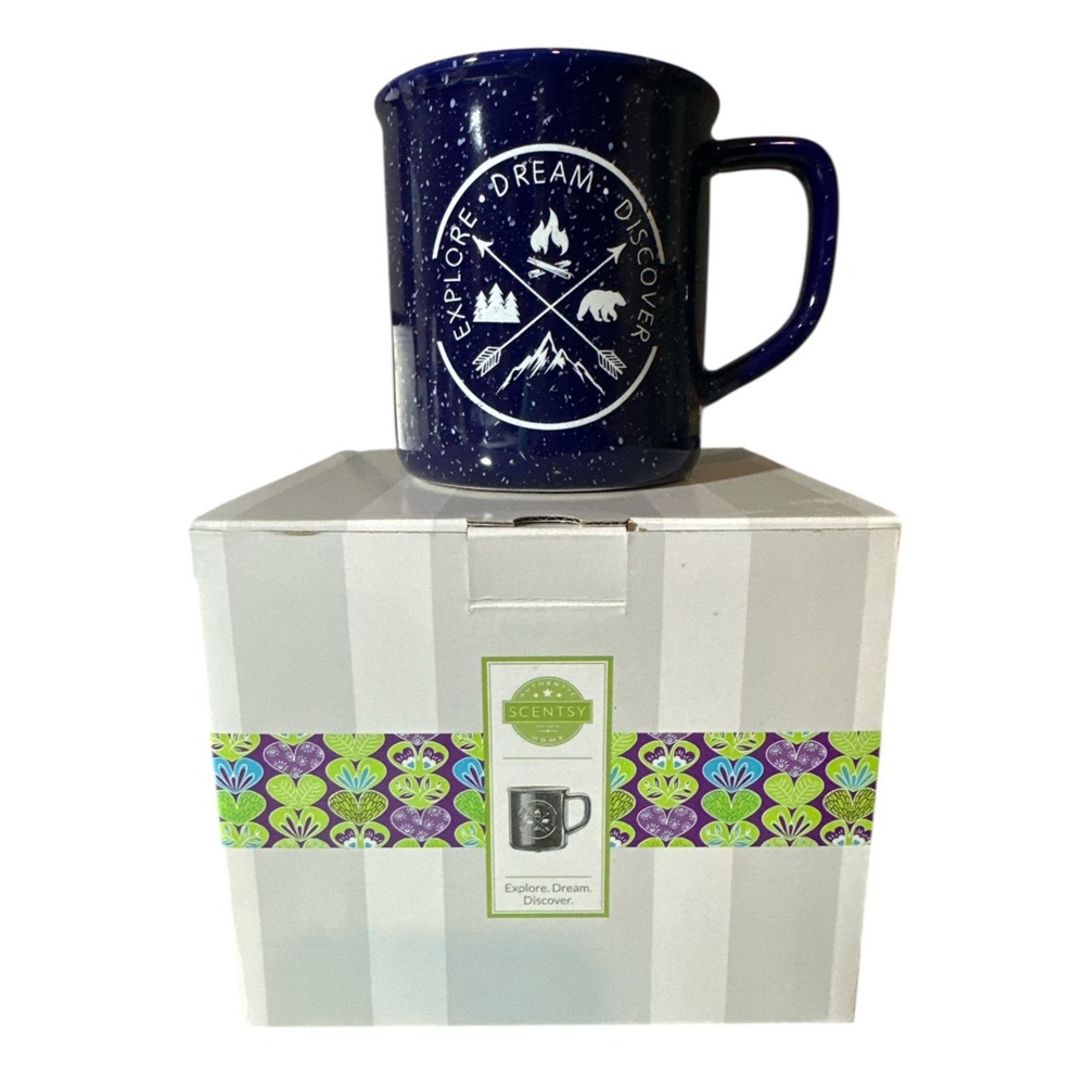Scentsy‎ Wax Warmer Explore, Dream, Discover Camping Hiking Blue Mug RETIRED NIB